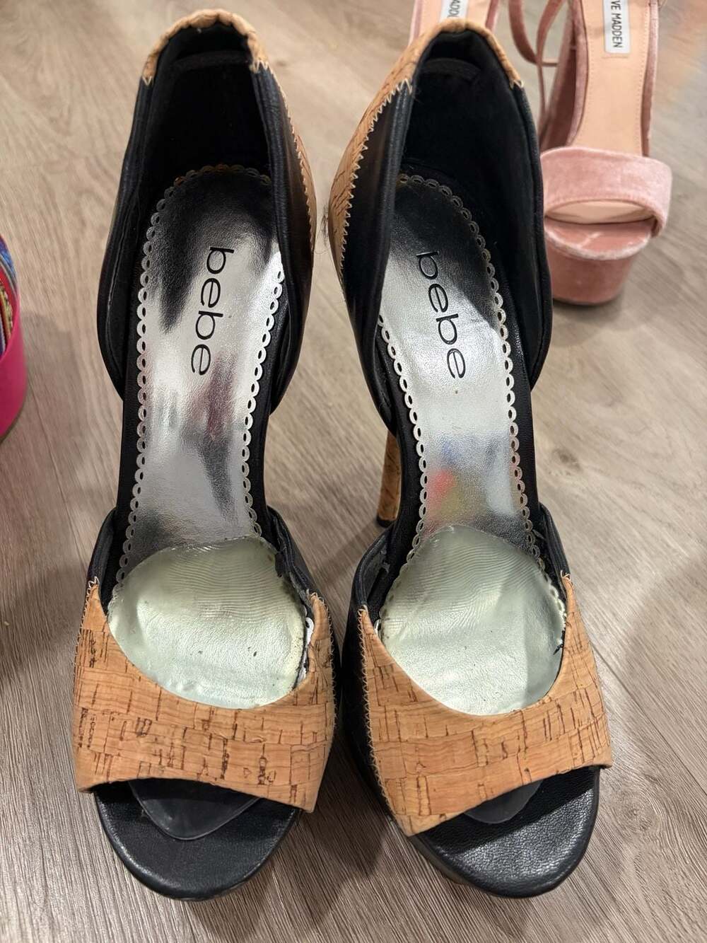 bebe Black and Cork Peep Toe Platform Stilettos